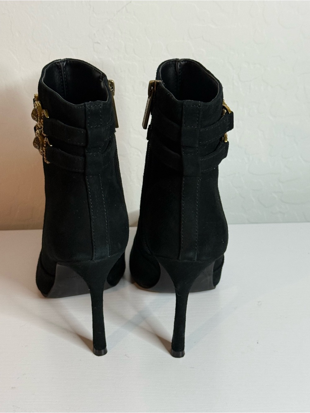Kurt Geiger Manson Black Suede Pointed Ankle Boots with Gold Medallion Straps - Picture 3 of 7